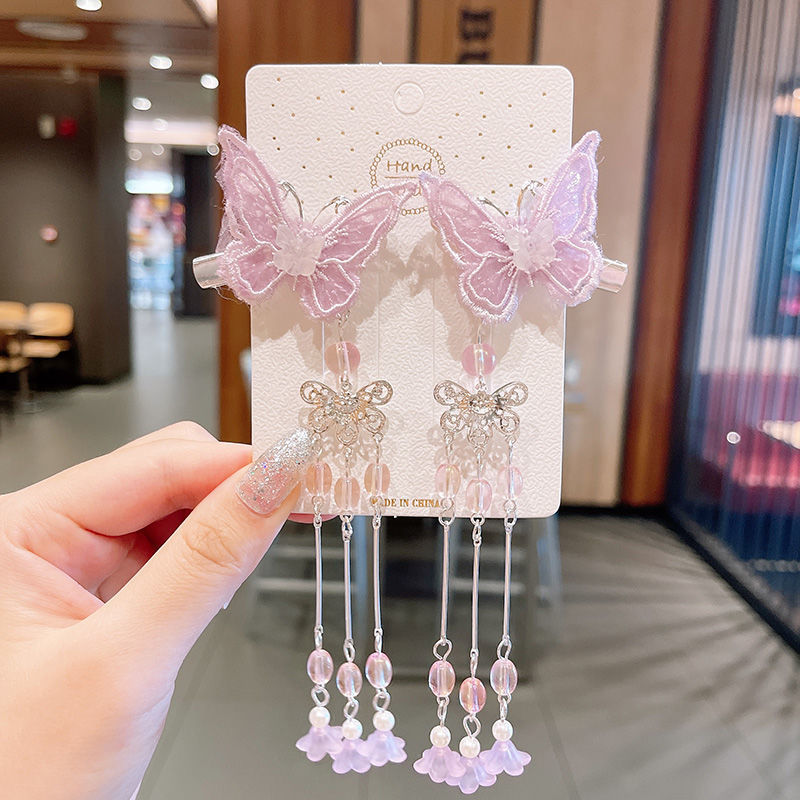 2 Pieces per Set of New Korean-style Yarn-made Elegant Butterfly-shaped Hairpin Flowers with Metal Tassels - Long Hairgrips for Party - A Combo of Fashionable Hair Accessories Hair Clip