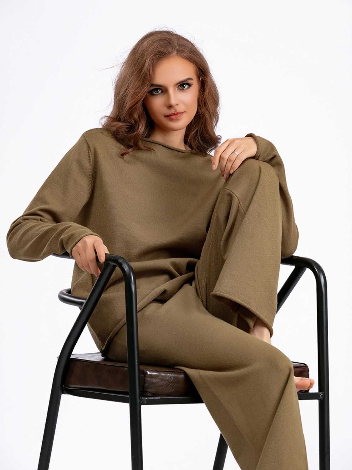 Fashionable Acrylic Rolled Round Neck Sweater Top and Pants Two - Piece Set