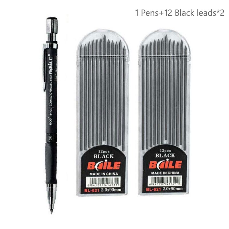 High - Quality 2.0mm Mechanical Pencil Set with 2B Color and Black Lead Refills for Draft Drawing, Writing, Crafting, and Art Sketching