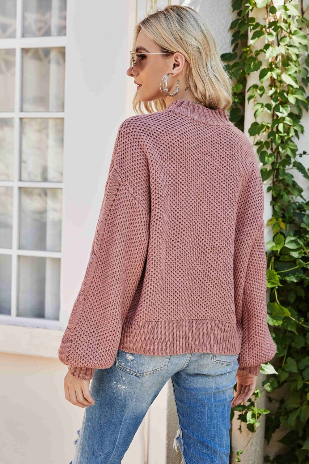 Casual Mixed Knit Round Neck Crewneck Sweater with Dropped Shoulders