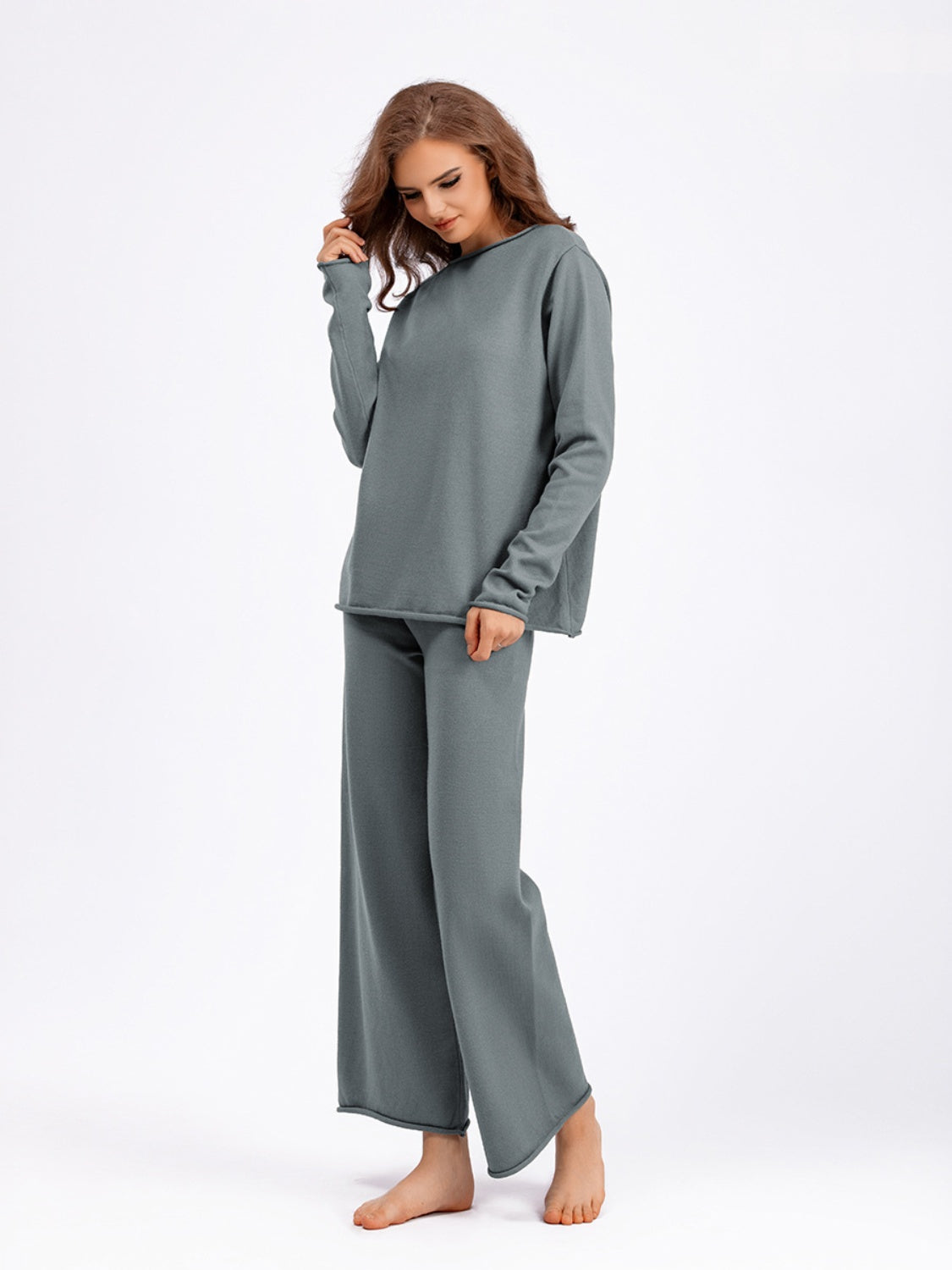 Fashionable Acrylic Rolled Round Neck Sweater Top and Pants Two - Piece Set