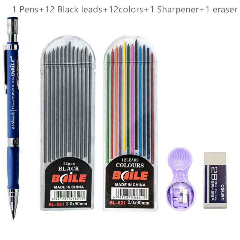 High - Quality 2.0mm Mechanical Pencil Set with 2B Color and Black Lead Refills for Draft Drawing, Writing, Crafting, and Art Sketching