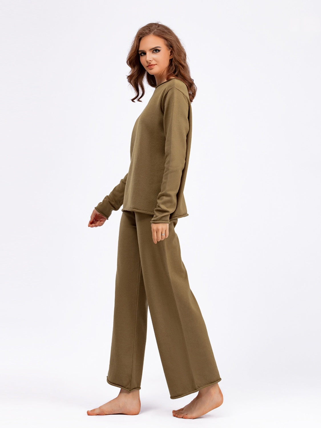 Fashionable Acrylic Rolled Round Neck Sweater Top and Pants Two - Piece Set