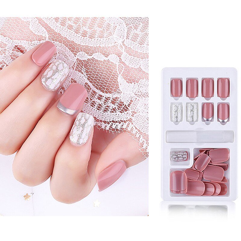 24/30 Pcs Reusable Plastic Fake Nails with Glue and Tape for Easy Wear