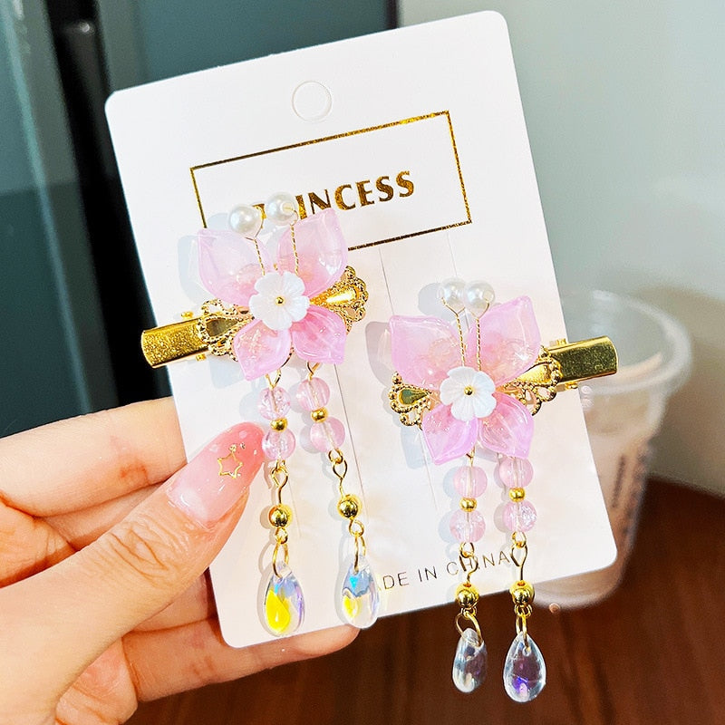 2 Pieces per Set of New Korean-style Yarn-made Elegant Butterfly-shaped Hairpin Flowers with Metal Tassels - Long Hairgrips for Party - A Combo of Fashionable Hair Accessories Hair Clip