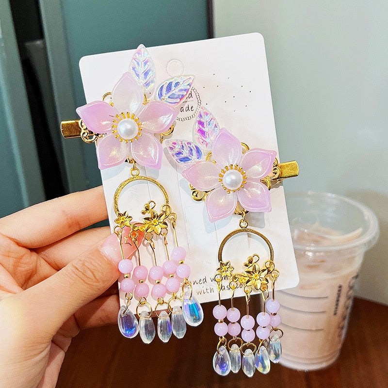 2 Pieces per Set of New Korean-style Yarn-made Elegant Butterfly-shaped Hairpin Flowers with Metal Tassels - Long Hairgrips for Party - A Combo of Fashionable Hair Accessories Hair Clip