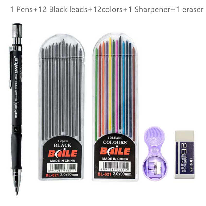 High - Quality 2.0mm Mechanical Pencil Set with 2B Color and Black Lead Refills for Draft Drawing, Writing, Crafting, and Art Sketching