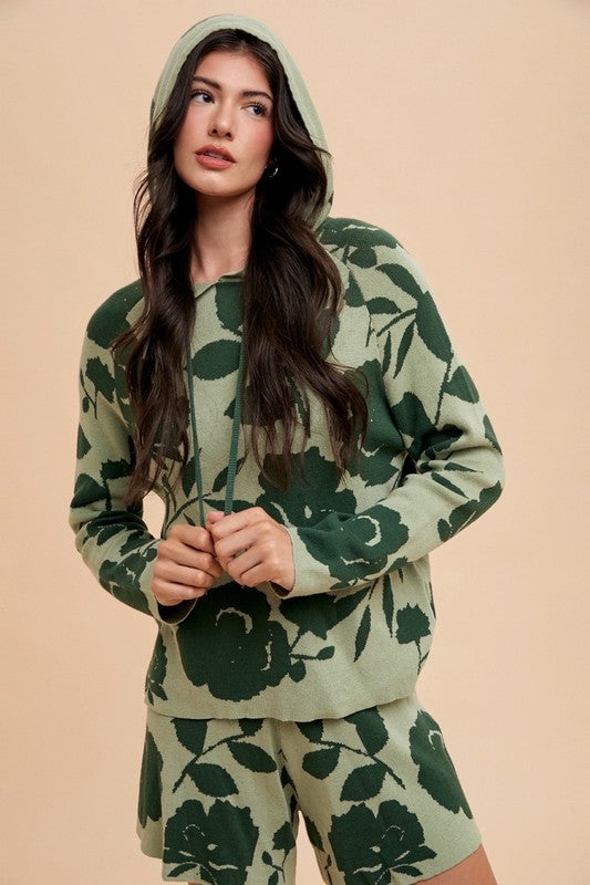 Annie Wear Fashionable Flower Pattern Drawstring Hooded Sweater Top and Matching Shorts Set for Casual Wear