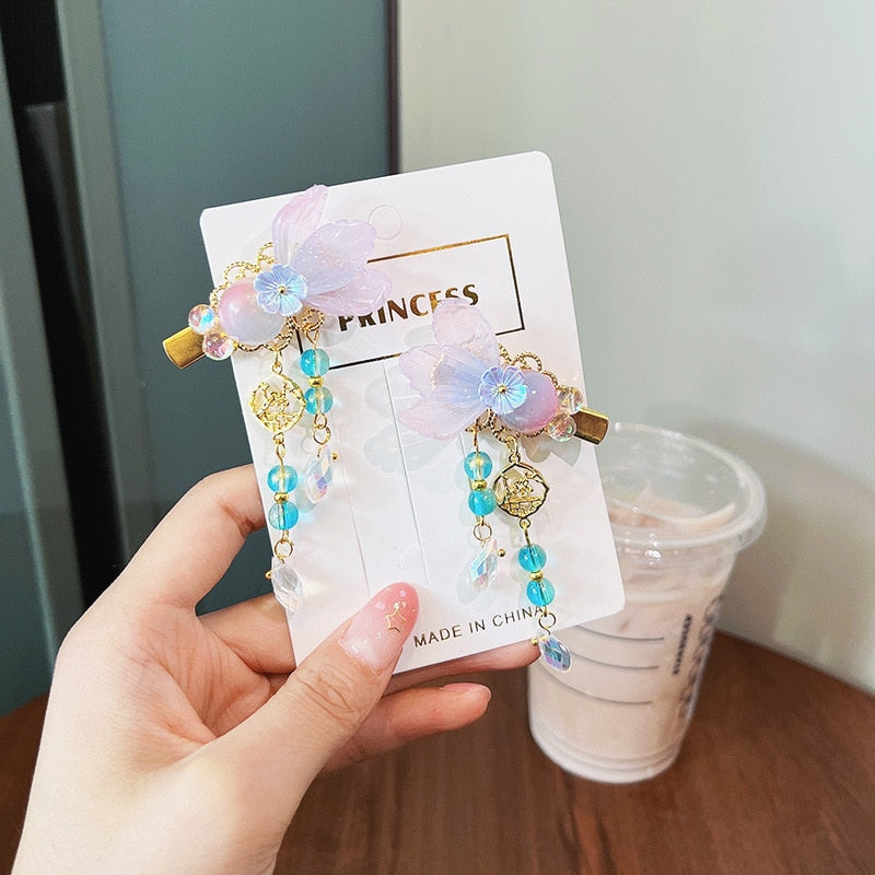 2 Pieces per Set of New Korean-style Yarn-made Elegant Butterfly-shaped Hairpin Flowers with Metal Tassels - Long Hairgrips for Party - A Combo of Fashionable Hair Accessories Hair Clip