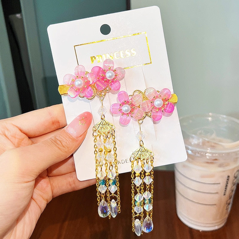 2 Pieces per Set of New Korean-style Yarn-made Elegant Butterfly-shaped Hairpin Flowers with Metal Tassels - Long Hairgrips for Party - A Combo of Fashionable Hair Accessories Hair Clip