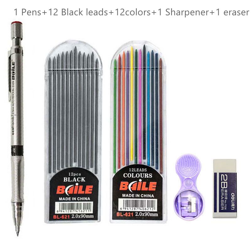 High - Quality 2.0mm Mechanical Pencil Set with 2B Color and Black Lead Refills for Draft Drawing, Writing, Crafting, and Art Sketching
