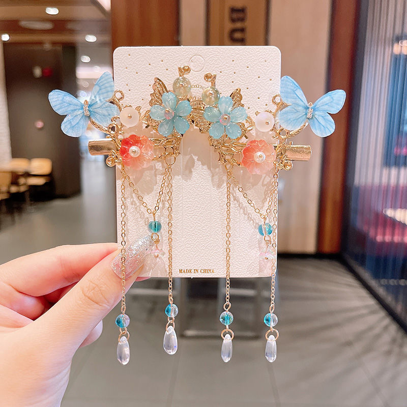 2 Pieces per Set of New Korean-style Yarn-made Elegant Butterfly-shaped Hairpin Flowers with Metal Tassels - Long Hairgrips for Party - A Combo of Fashionable Hair Accessories Hair Clip