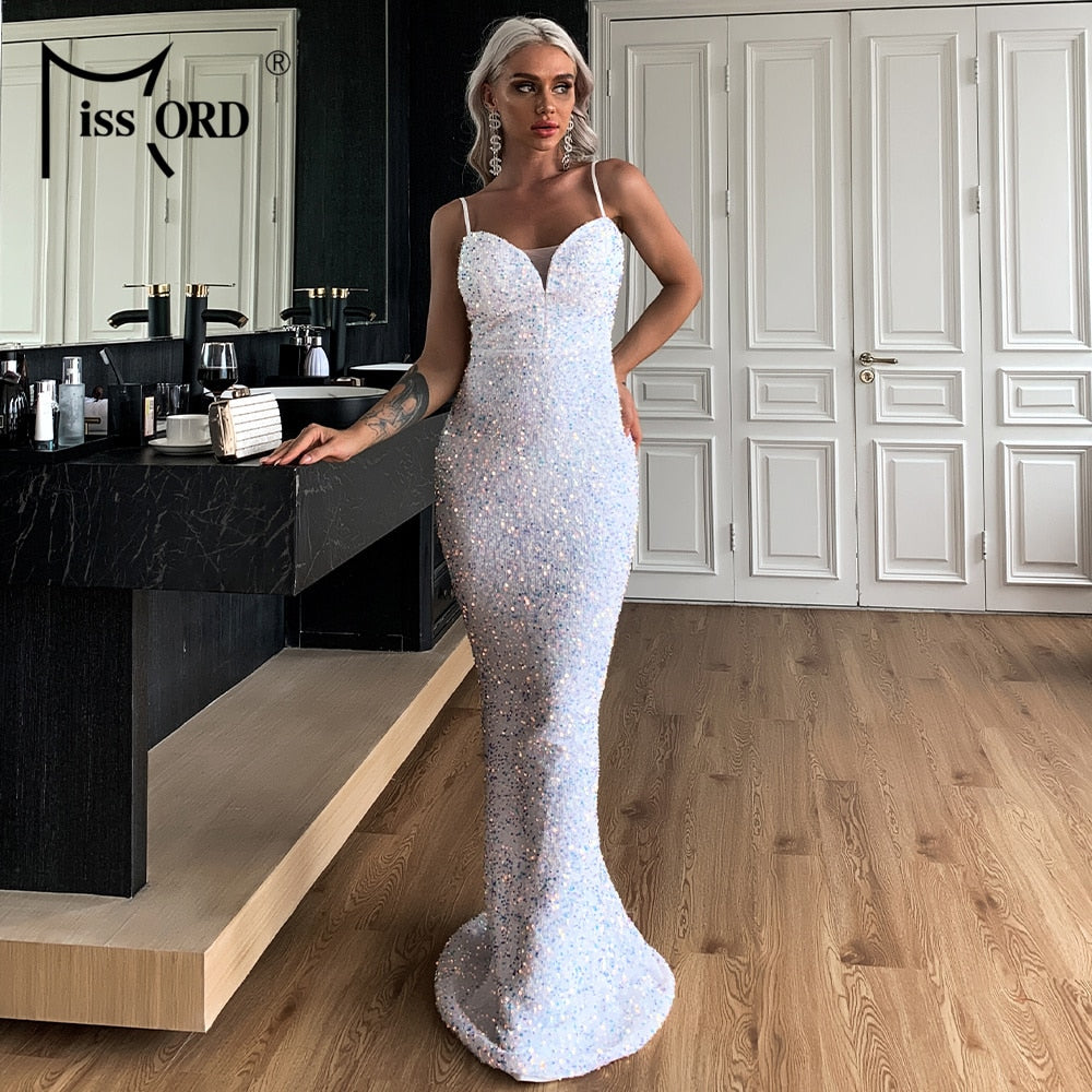 2022 Missord Women's White Sequins V-Neck Spaghetti Strap Bodycon Long Evening Party Dress