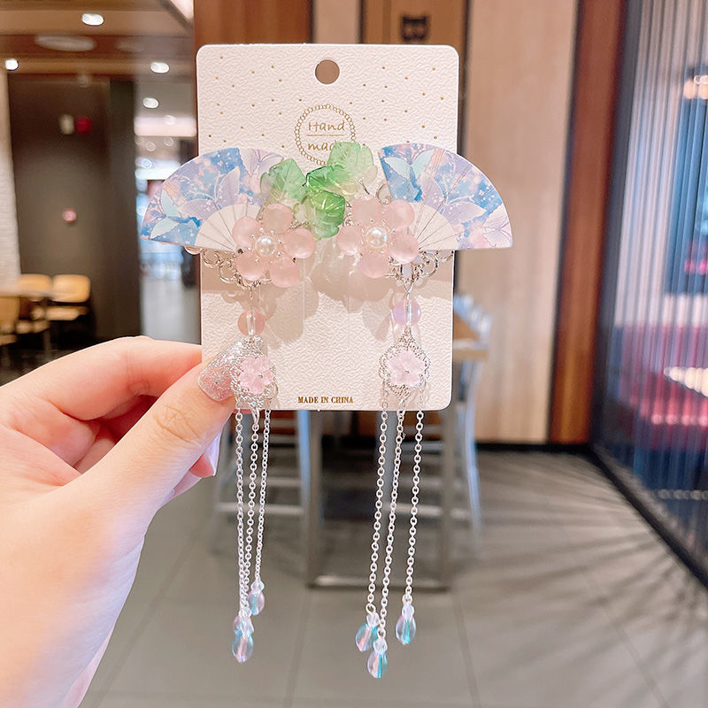 2 Pieces per Set of New Korean-style Yarn-made Elegant Butterfly-shaped Hairpin Flowers with Metal Tassels - Long Hairgrips for Party - A Combo of Fashionable Hair Accessories Hair Clip