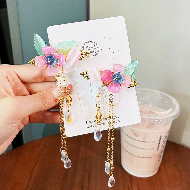 2 Pieces per Set of New Korean-style Yarn-made Elegant Butterfly-shaped Hairpin Flowers with Metal Tassels - Long Hairgrips for Party - A Combo of Fashionable Hair Accessories Hair Clip