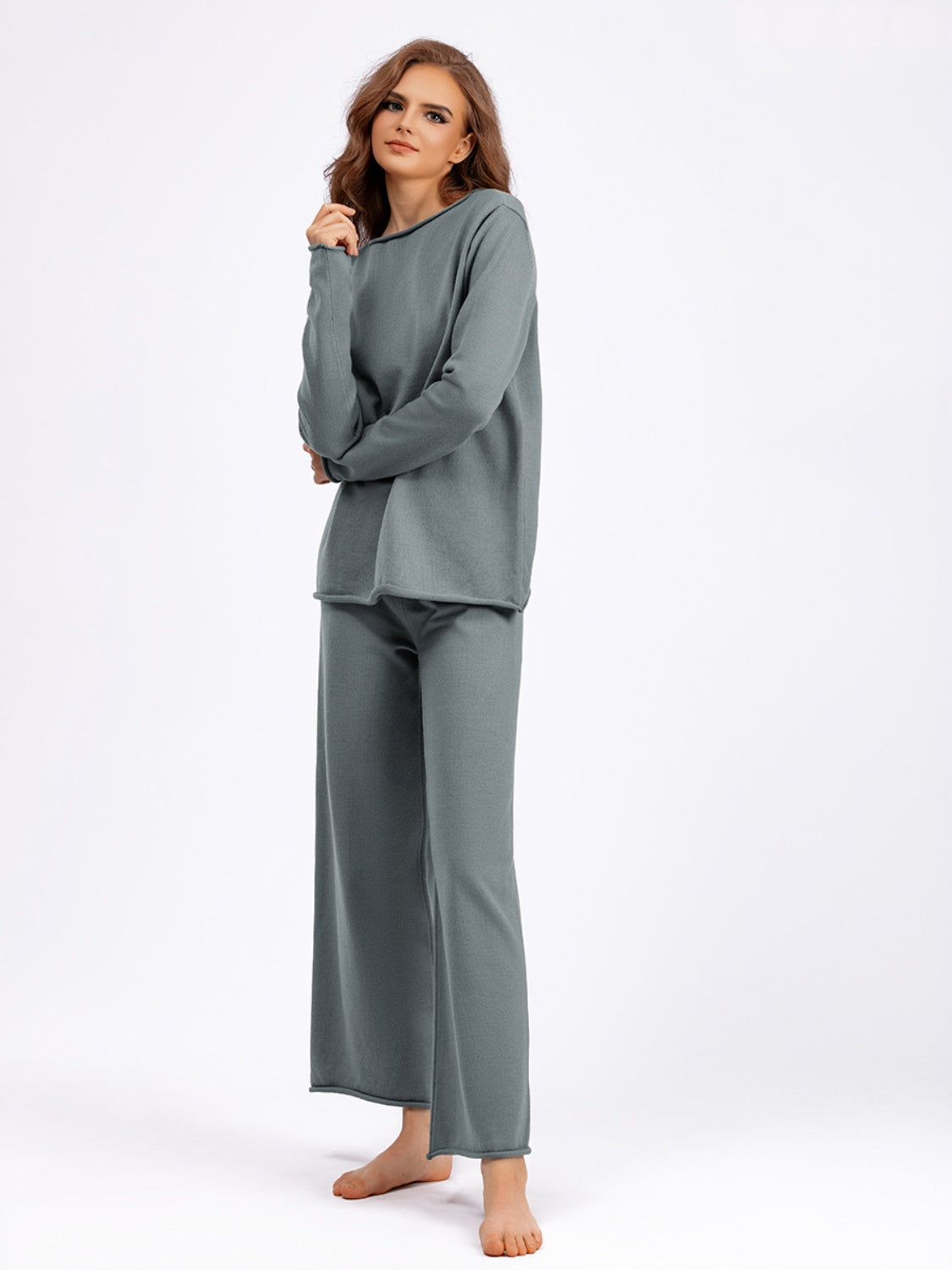 Fashionable Acrylic Rolled Round Neck Sweater Top and Pants Two - Piece Set