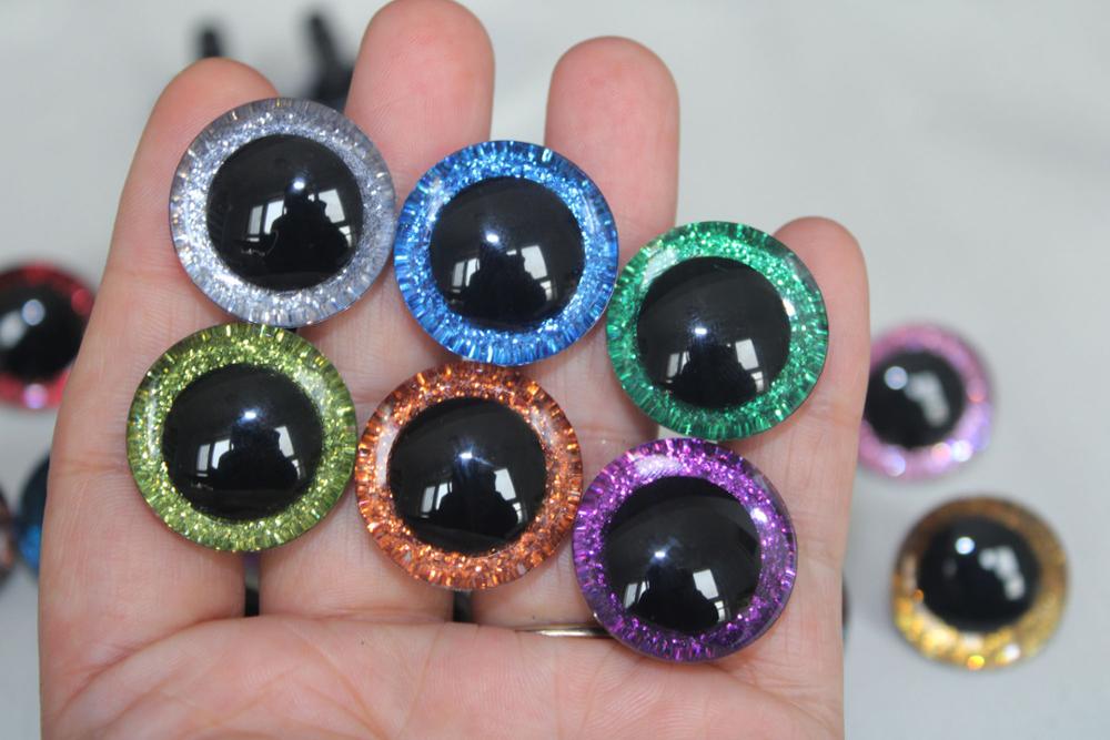 20 Pieces of 3D Glitter Plastic Safety Toy Eyes for Dolls in Various Sizes (9mm, 12mm, 14mm, 16mm, 18mm, 20mm, 24mm, 30mm, 35mm) with Long Stem, Glitter Fabric and Washer