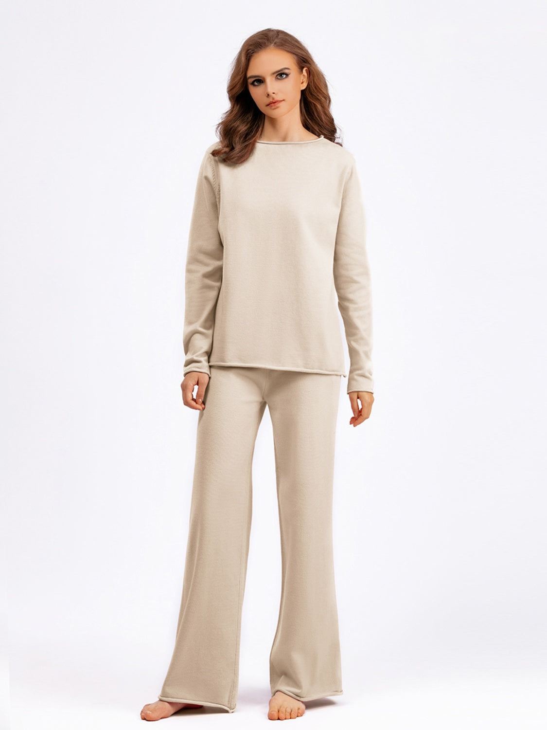 Fashionable Acrylic Rolled Round Neck Sweater Top and Pants Two - Piece Set
