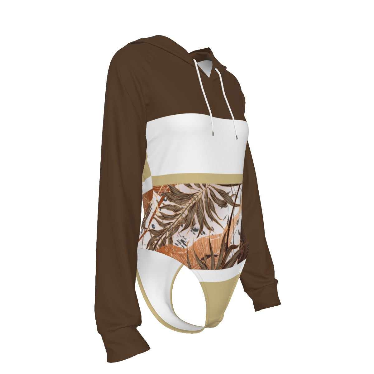 Dunbi-Designed Women's Raglan Sleeve Hooded Bodysuit in Dark Brown, Beige, White & Copper Gradient Leaves