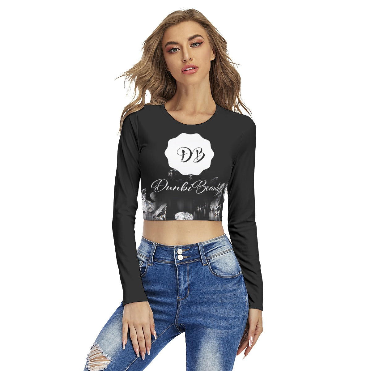 All-Over Printed Women's Casual Athletic Round Neck Crop Top T-Shirt with DunbiBeauty, LLC Logo (Designed by Dunbi)