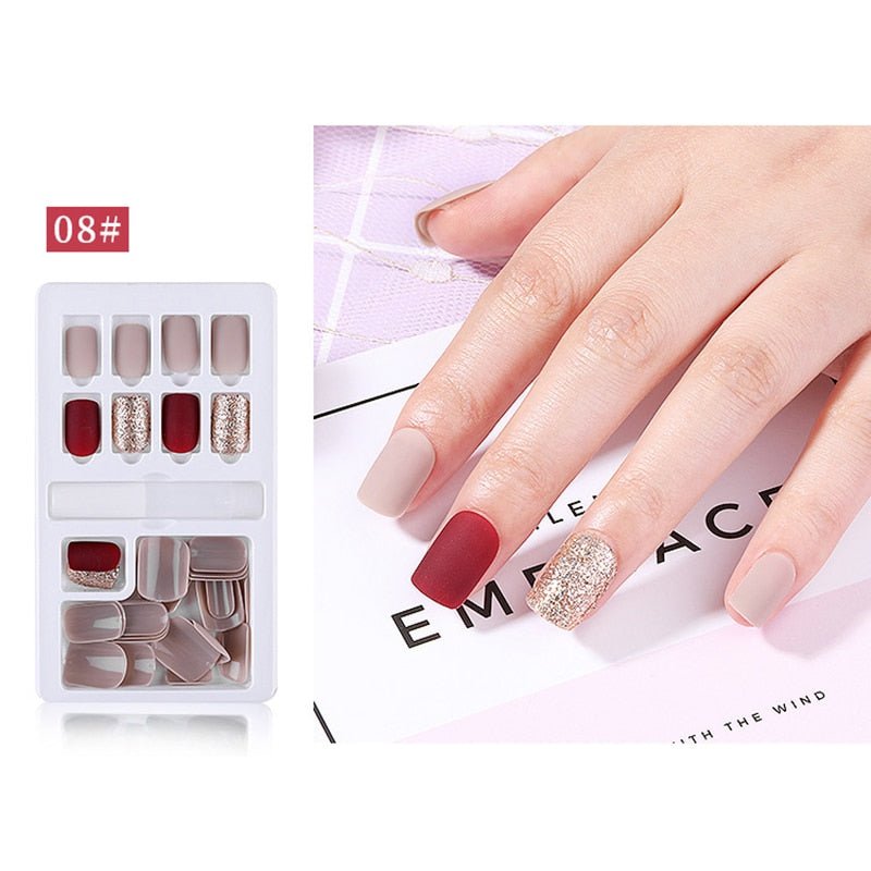 24/30 Pcs Reusable Plastic Fake Nails with Glue and Tape for Easy Wear