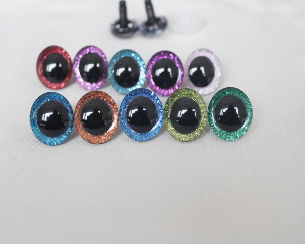 20 Pieces of 3D Glitter Plastic Safety Toy Eyes for Dolls in Various Sizes (9mm, 12mm, 14mm, 16mm, 18mm, 20mm, 24mm, 30mm, 35mm) with Long Stem, Glitter Fabric and Washer