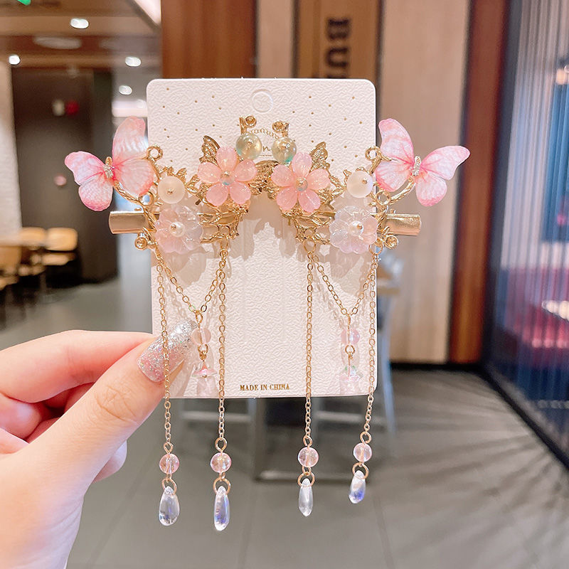 2 Pieces per Set of New Korean-style Yarn-made Elegant Butterfly-shaped Hairpin Flowers with Metal Tassels - Long Hairgrips for Party - A Combo of Fashionable Hair Accessories Hair Clip
