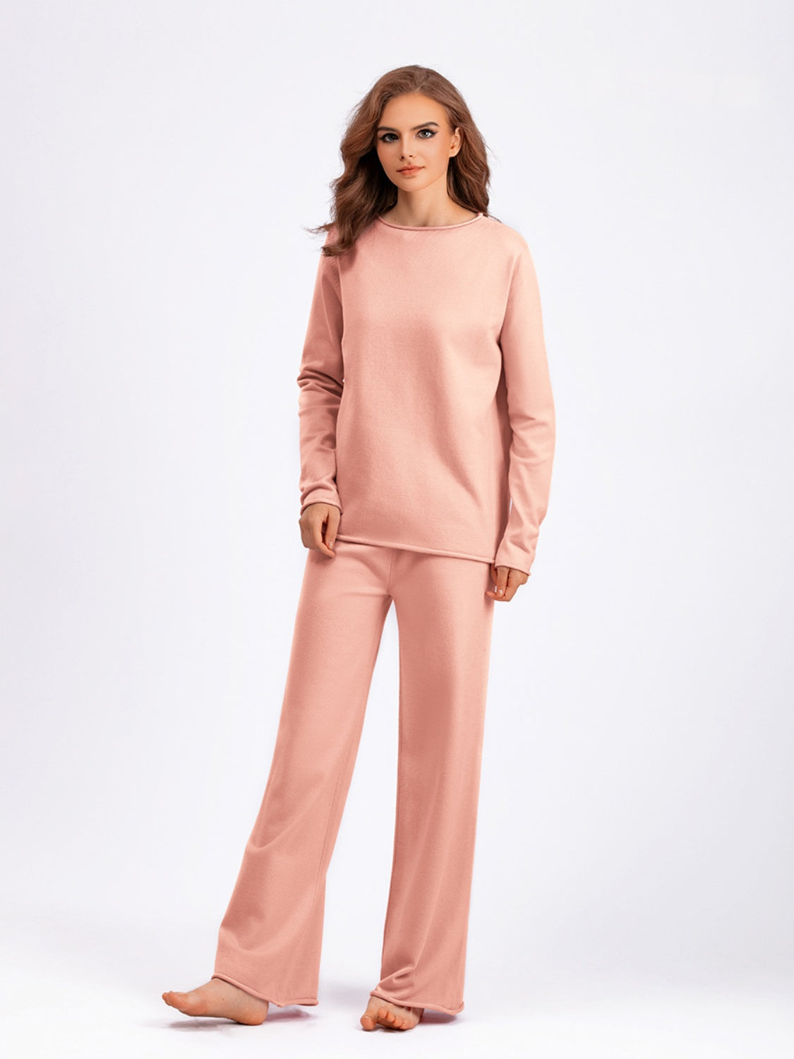 Fashionable Acrylic Rolled Round Neck Sweater Top and Pants Two - Piece Set