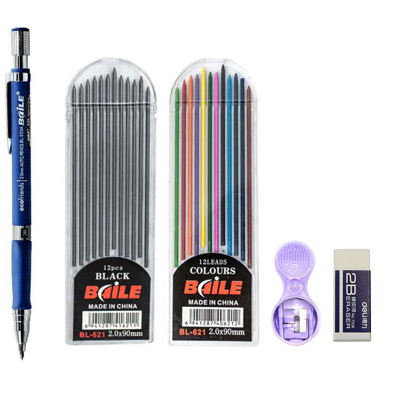 High - Quality 2.0mm Mechanical Pencil Set with 2B Color and Black Lead Refills for Draft Drawing, Writing, Crafting, and Art Sketching