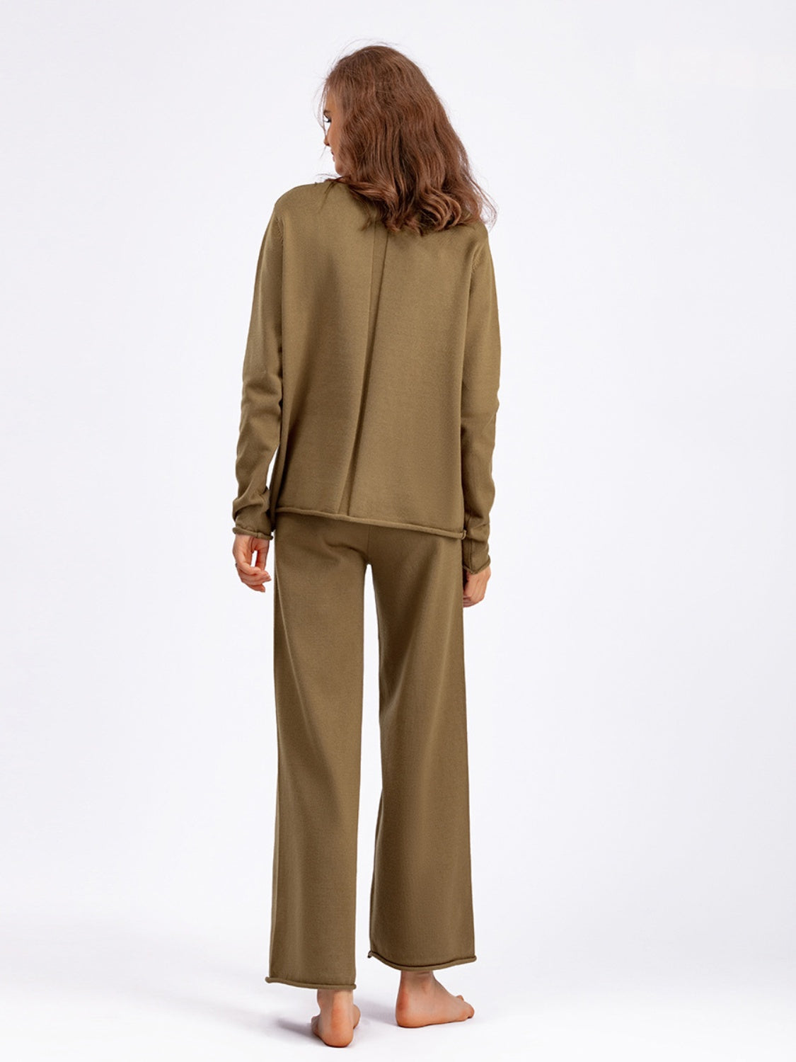 Fashionable Acrylic Rolled Round Neck Sweater Top and Pants Two - Piece Set