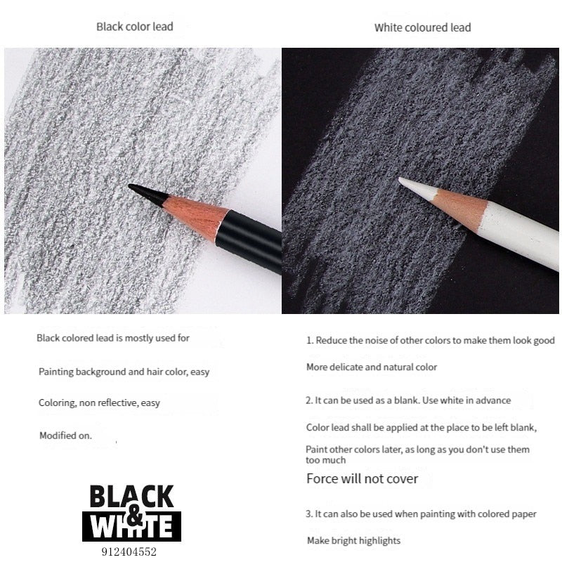 12Pcs Black & White Permanent Oil-based Wooden Colored Pencils for Artists and Beginners