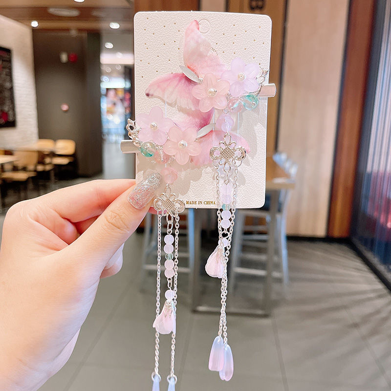 2 Pieces per Set of New Korean-style Yarn-made Elegant Butterfly-shaped Hairpin Flowers with Metal Tassels - Long Hairgrips for Party - A Combo of Fashionable Hair Accessories Hair Clip