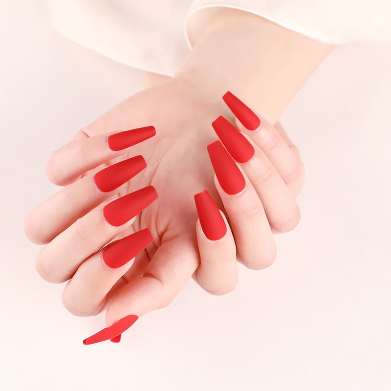 24 - piece Set of Long, Sensually Designed False Nail Extensions in White, Red, Blue, and Black for Stylish Ladies - Press - On and Removable Nail Art Decorations