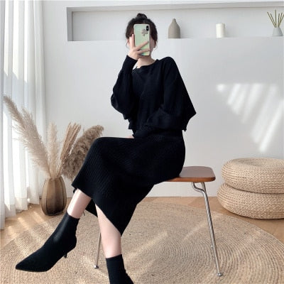 2021 New Arrival Fall/Winter Women's Soft Knitted Bat Sleeve O-Neck Sweater and Long Vest Two-Piece Dress Set