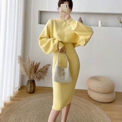 2021 New Arrival Fall/Winter Women's Soft Knitted Bat Sleeve O-Neck Sweater and Long Vest Two-Piece Dress Set