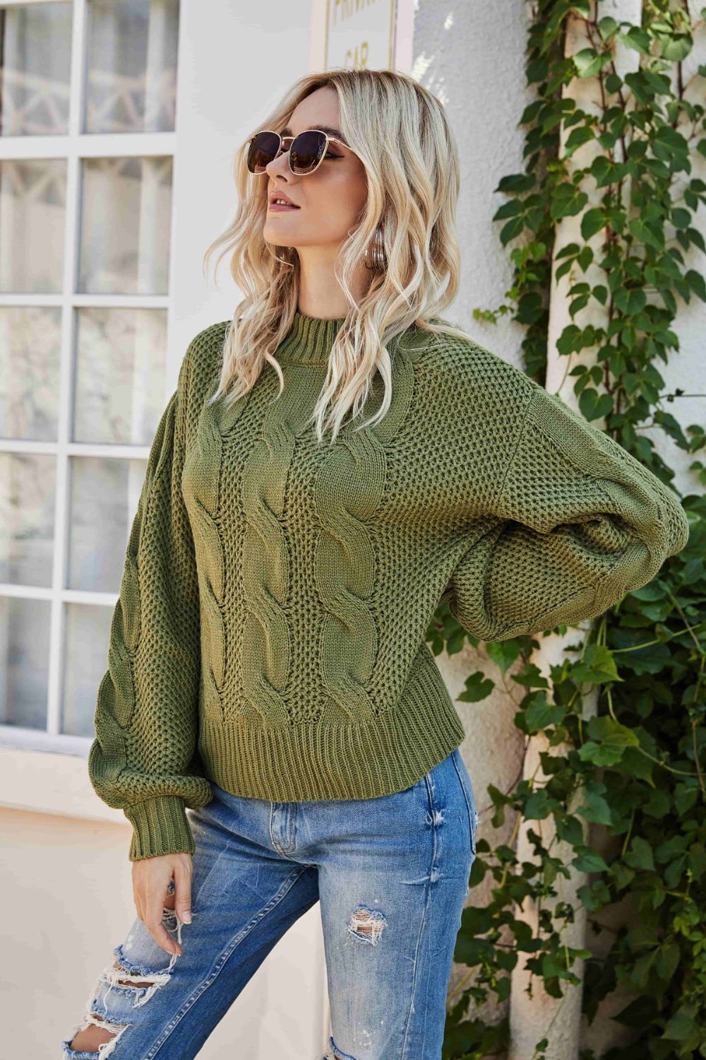 Casual Mixed Knit Round Neck Crewneck Sweater with Dropped Shoulders