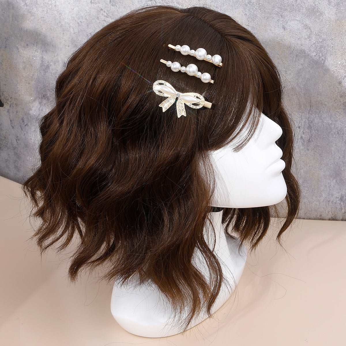 3-Piece Gold Shiny Pearl Hairpin and Rhinestone Bow Hair Clip Set for Women