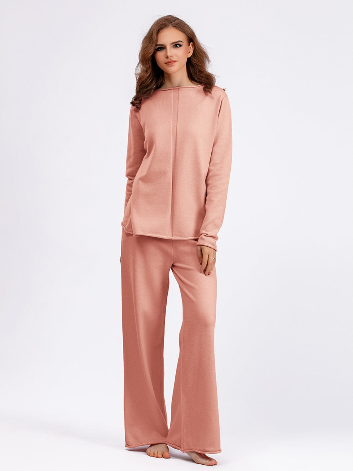 Fashionable Acrylic Rolled Round Neck Sweater Top and Pants Two - Piece Set