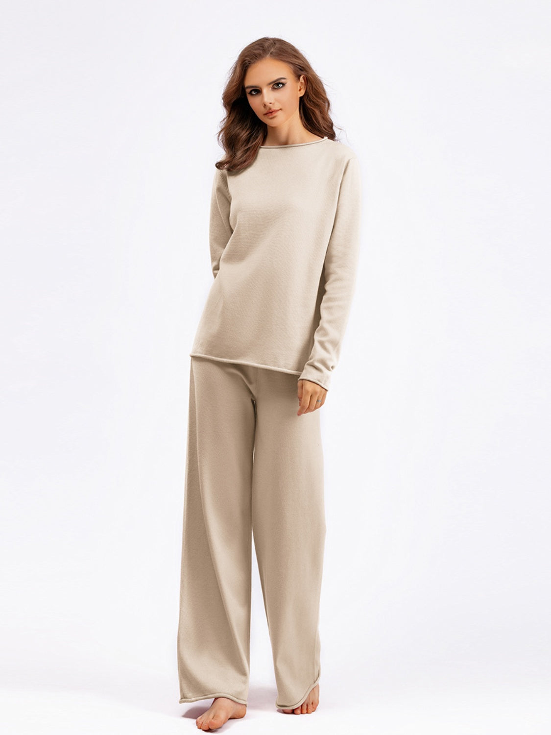 Fashionable Acrylic Rolled Round Neck Sweater Top and Pants Two - Piece Set