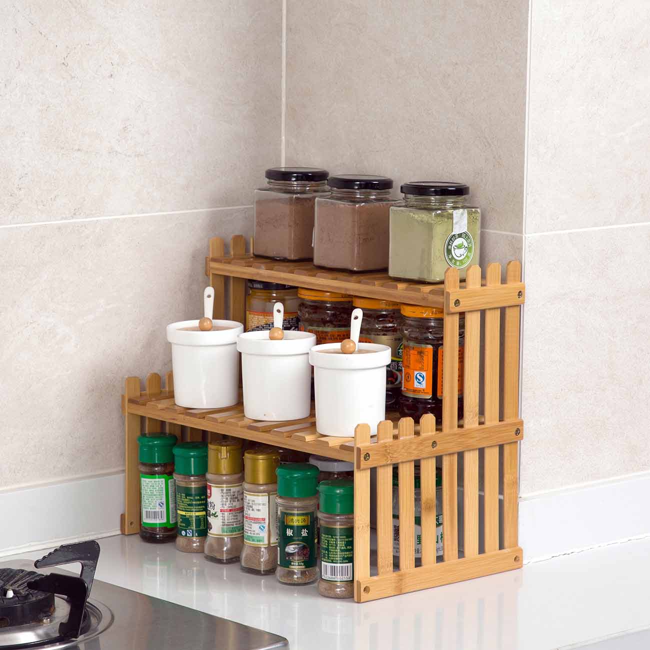 Eco-Friendly Double-Layer Bamboo Storage Rack for Kitchen Spice Jars and More