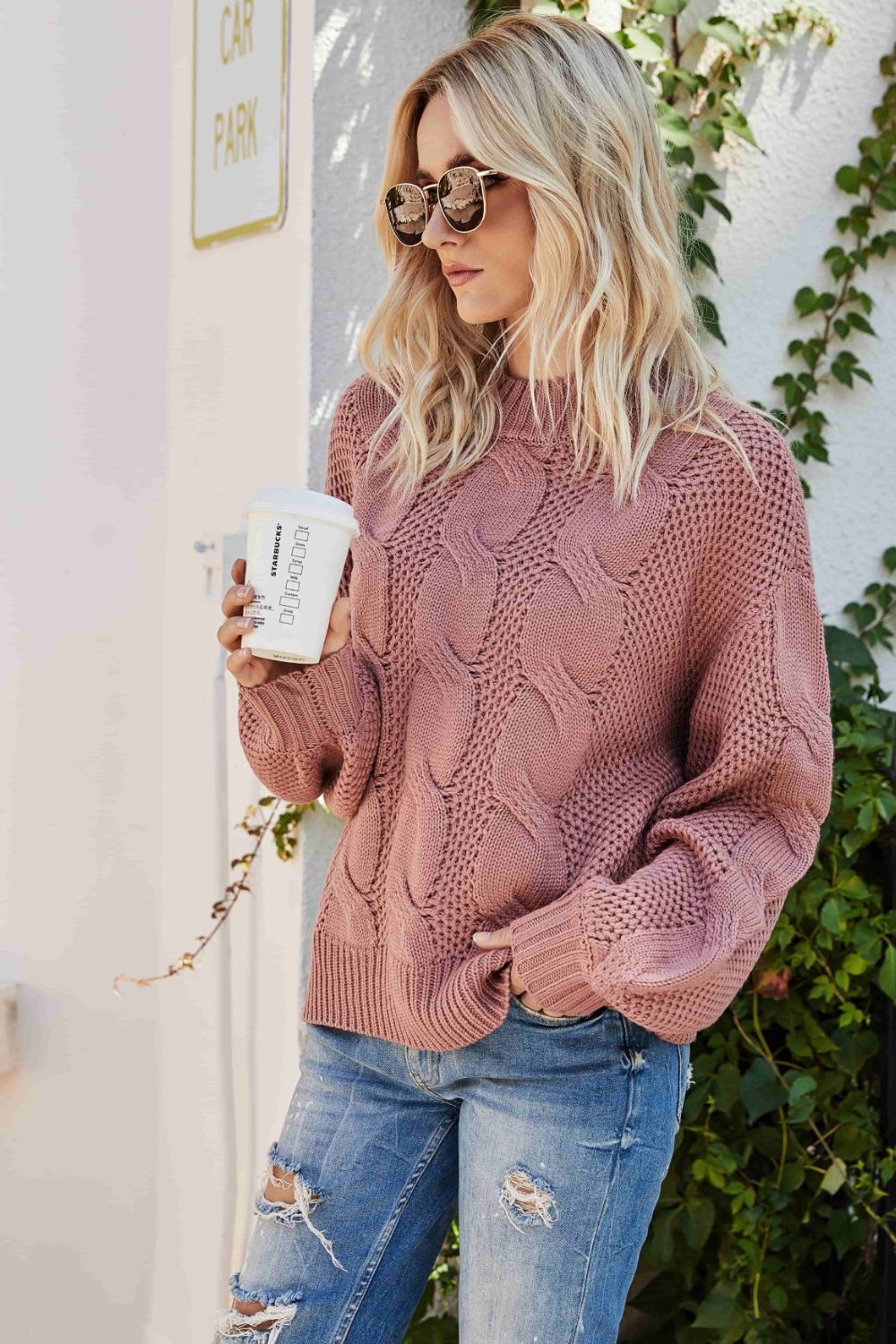 Casual Mixed Knit Round Neck Crewneck Sweater with Dropped Shoulders