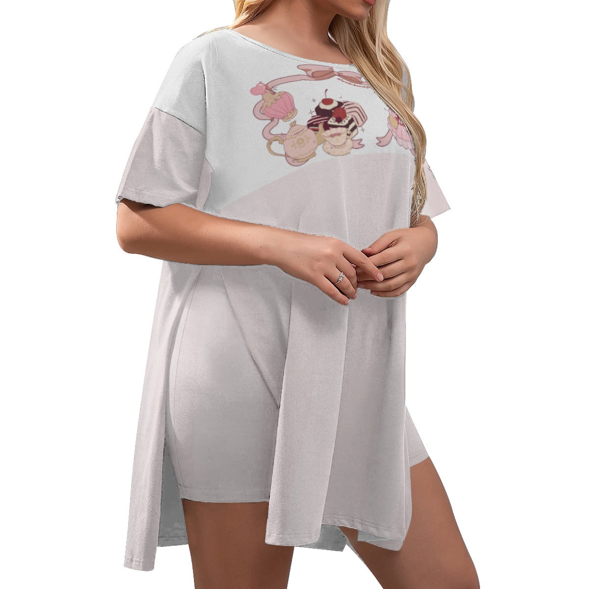 All-Over Print Plus Size Women's Fashionable Drop-Shoulder T-Shirt with Side Split and Shorts Set Featuring Cute Teddy Bear, Tea Party, Ribbon, Bows, Cakes, Victorian, Doll, Pink Style and Stripes Design