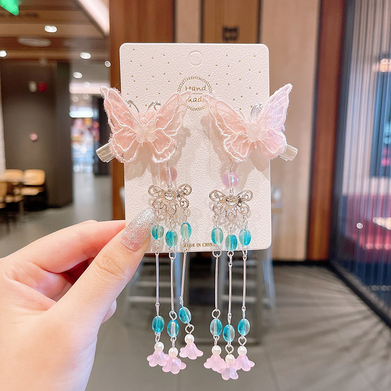 2 Pieces per Set of New Korean-style Yarn-made Elegant Butterfly-shaped Hairpin Flowers with Metal Tassels - Long Hairgrips for Party - A Combo of Fashionable Hair Accessories Hair Clip