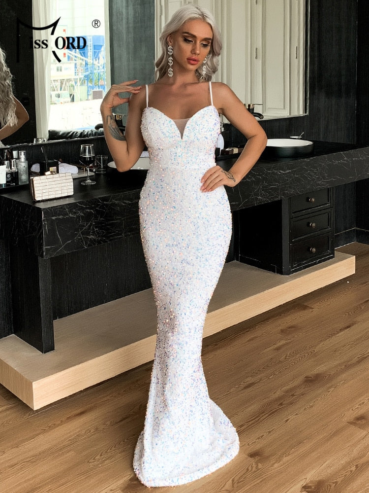 2022 Missord Women's White Sequins V-Neck Spaghetti Strap Bodycon Long Evening Party Dress