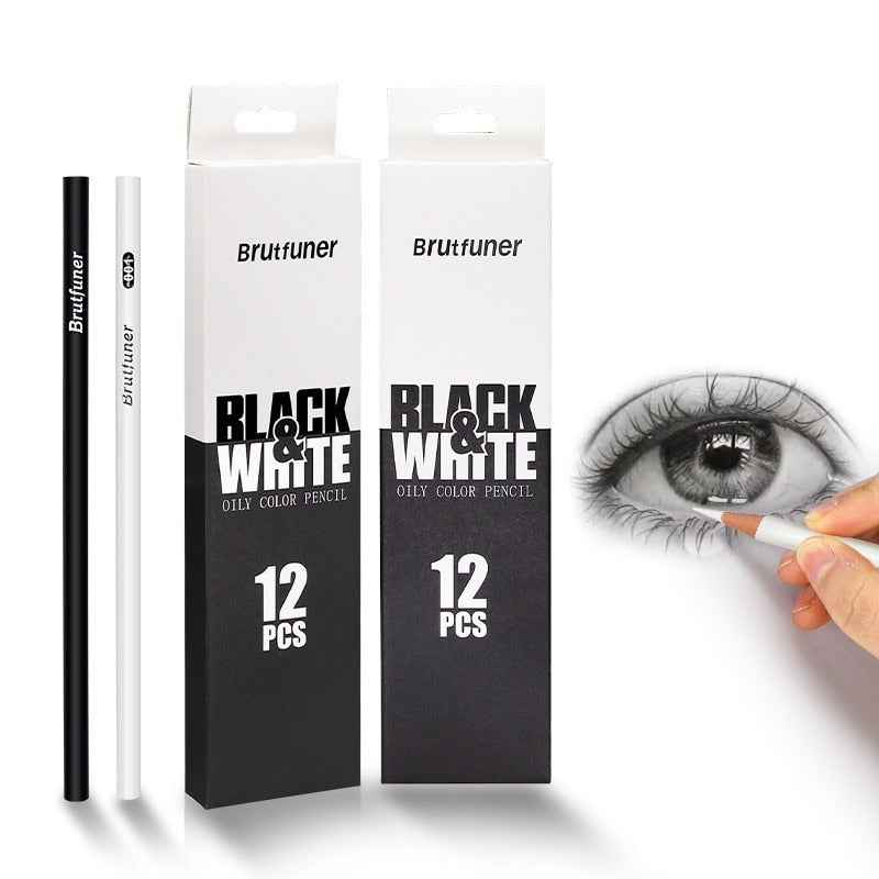 12Pcs Black & White Permanent Oil-based Wooden Colored Pencils for Artists and Beginners