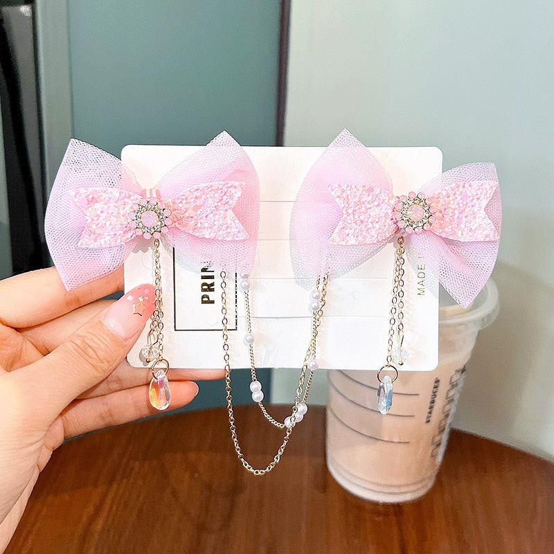 2 Pieces per Set of New Korean-style Yarn-made Elegant Butterfly-shaped Hairpin Flowers with Metal Tassels - Long Hairgrips for Party - A Combo of Fashionable Hair Accessories Hair Clip