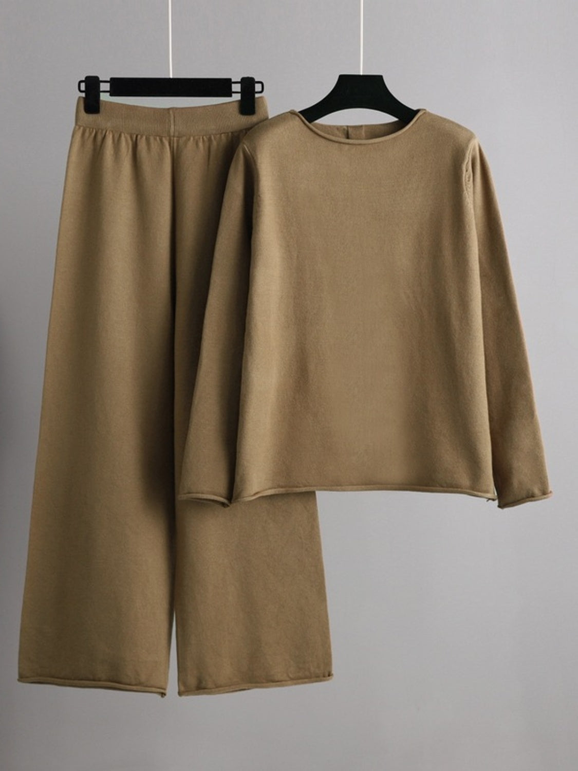 Fashionable Acrylic Rolled Round Neck Sweater Top and Pants Two - Piece Set