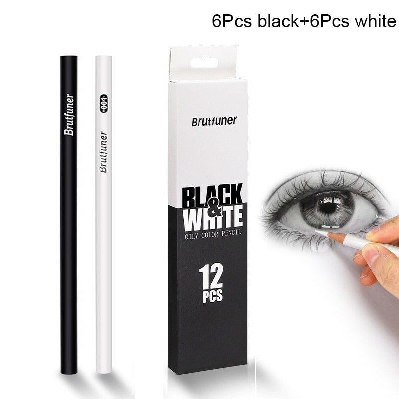 12Pcs Black & White Permanent Oil-based Wooden Colored Pencils for Artists and Beginners