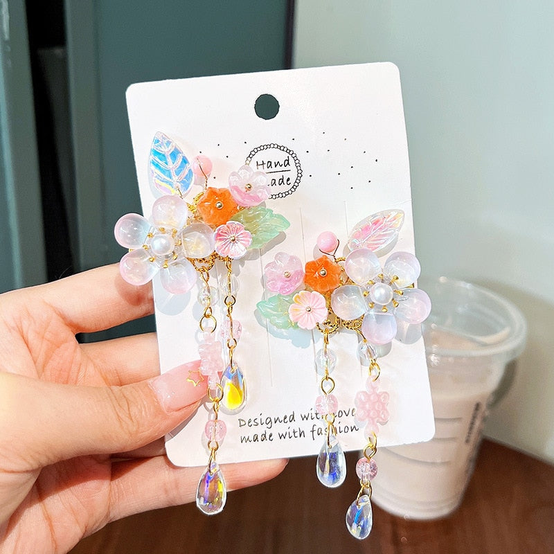 2 Pieces per Set of New Korean-style Yarn-made Elegant Butterfly-shaped Hairpin Flowers with Metal Tassels - Long Hairgrips for Party - A Combo of Fashionable Hair Accessories Hair Clip