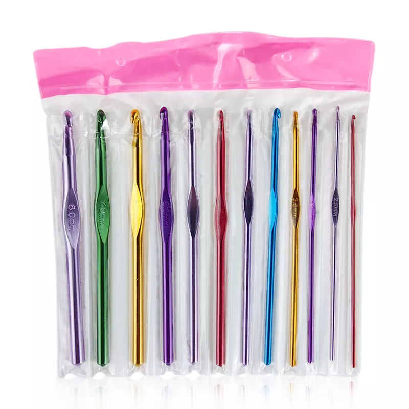 12-Piece Set of Charming Metal Handle Crochet Hooks & Knitting Needles (2mm - 8mm), Free Shipping